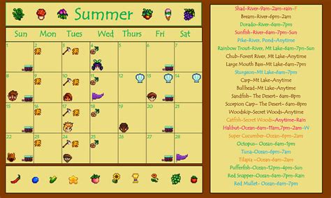 Stardew Valley Summer Calendar
